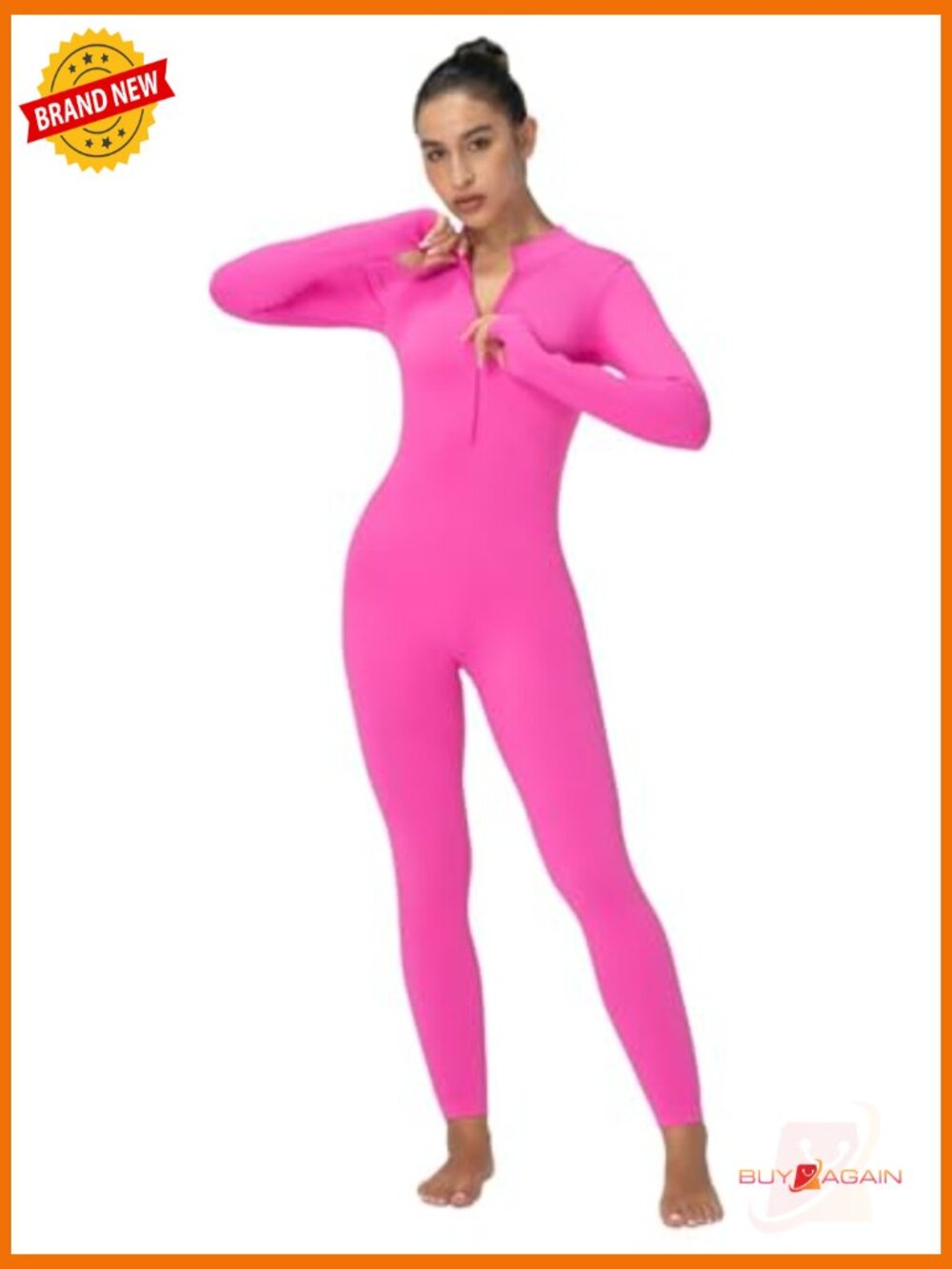 Long Sleeve Zip Front Jumpsuit - Ribbed Yoga Workout Bodycon with Thumbholes - Picture 4 of 7